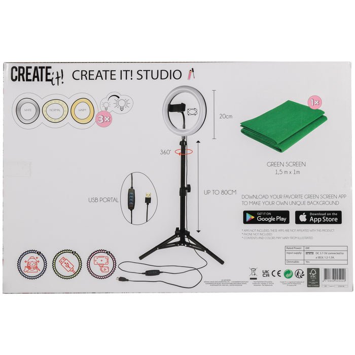 Create it! Studio Lamp - Ringlamp met Statief - 20 cm - TikTok Lamp - Led Ring Licht voor Smartphone met Tripod - Inclusief Green Screen - Complete Ring Light Set