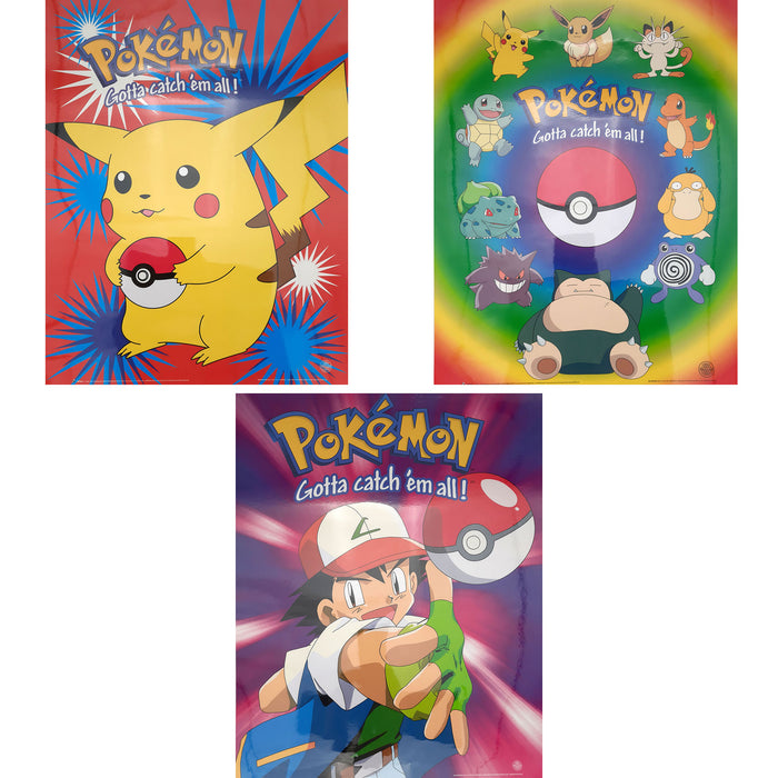 Pokemon - Poster Voordeelset - 3 Posters (50x40 cm) - Geplastificeerd - Pikachu - Kinderkamer - (Versie 1)