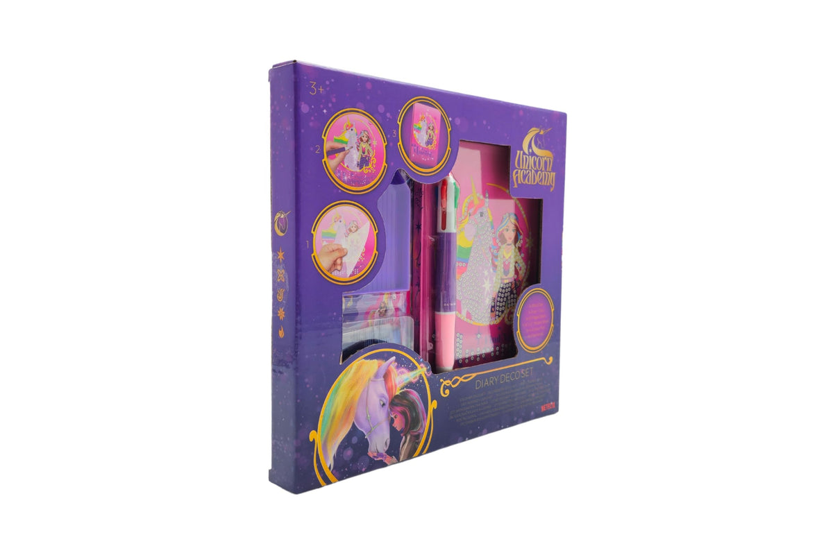 Unicorn Academy dagboek designset, met strass steentjes, stickers en pennen