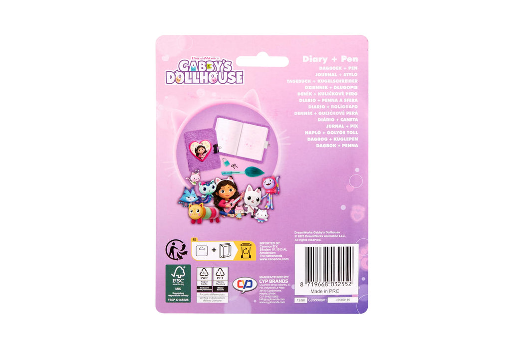 Gabby's Dollhouse pluche dagboek, met slotje en fluffy pen