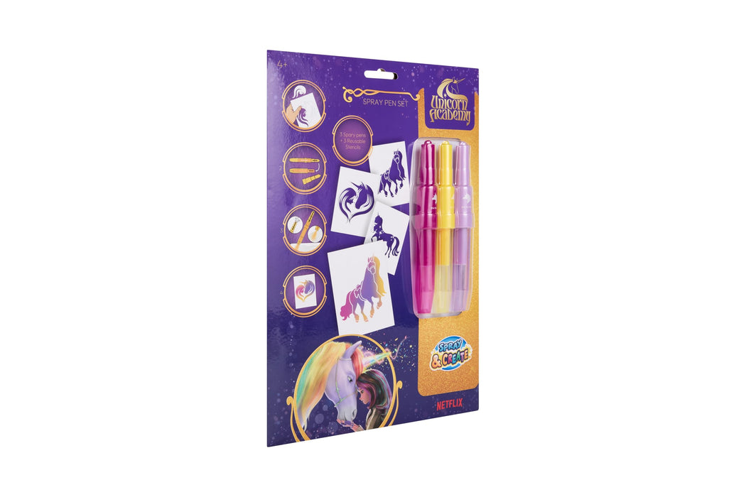 Unicorn Academy spray pen set A4 envelop, 3 pennen en 3 sjablonen