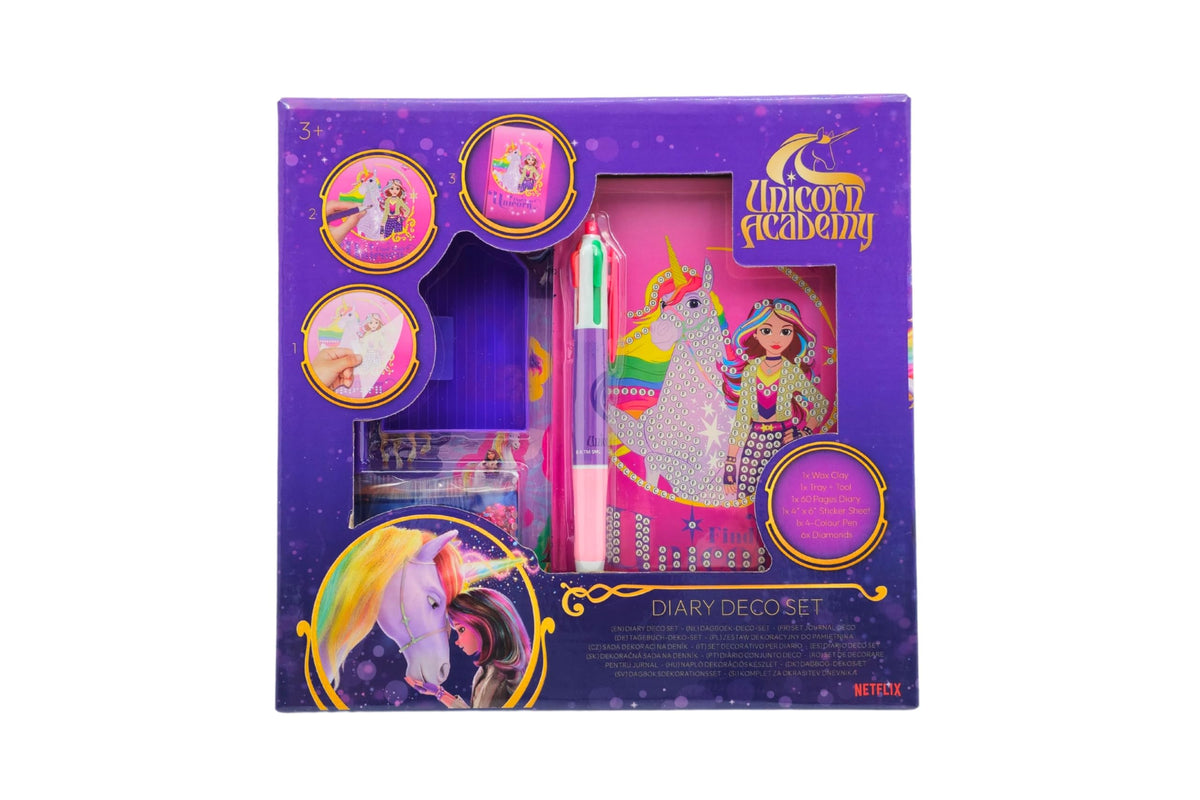 Unicorn Academy dagboek designset, met strass steentjes, stickers en pennen