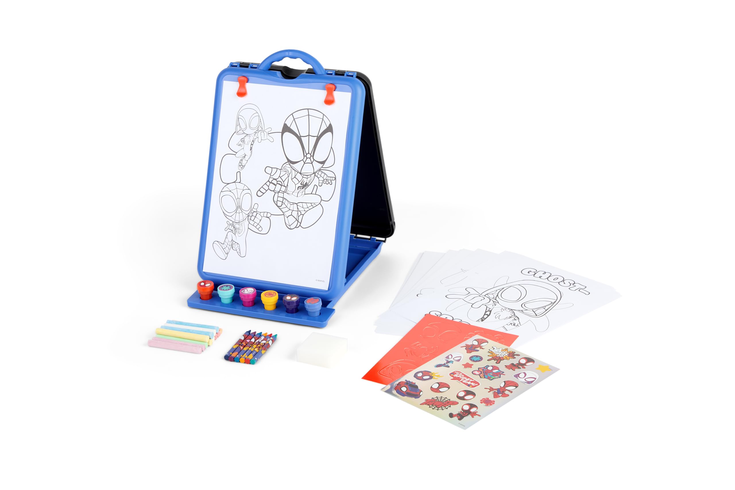 Marvel Spidey schildersezel, draagbare knutselkoffer met krijtjes, stempels en stickers