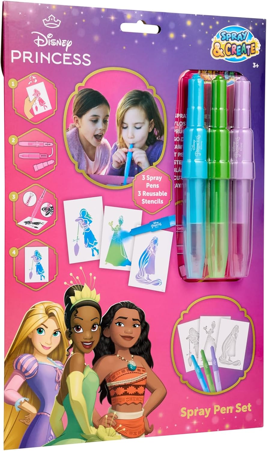 Disney Princess spray pen set A4 envelop, 3 pennen en 3 sjablonen