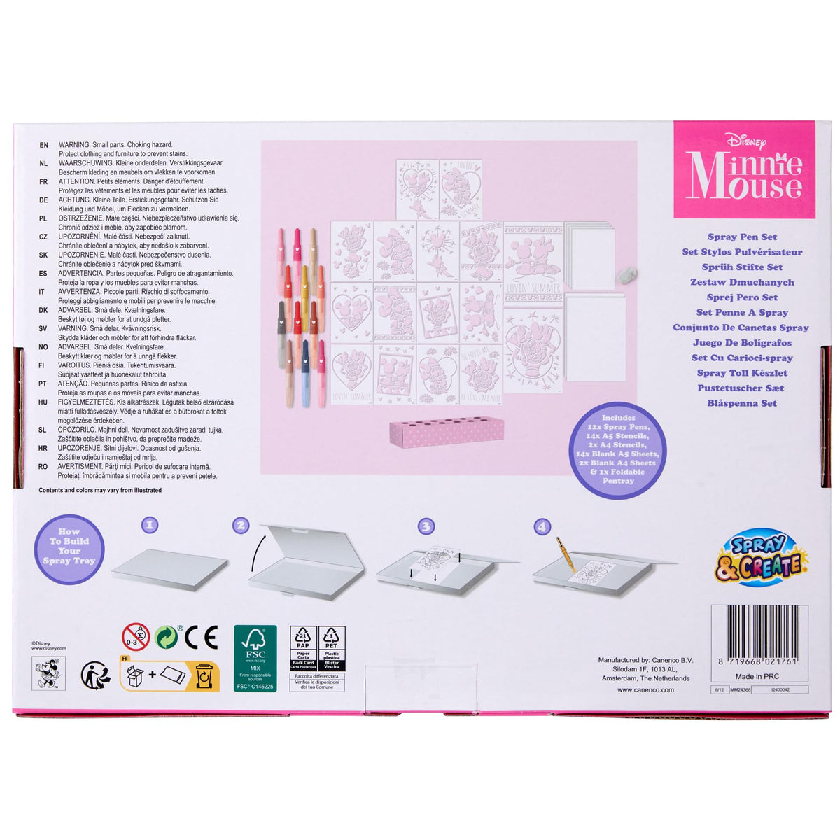 Disney Minnie Mouse spray pen set deluxe, 12 pennen en 16 sjablonen