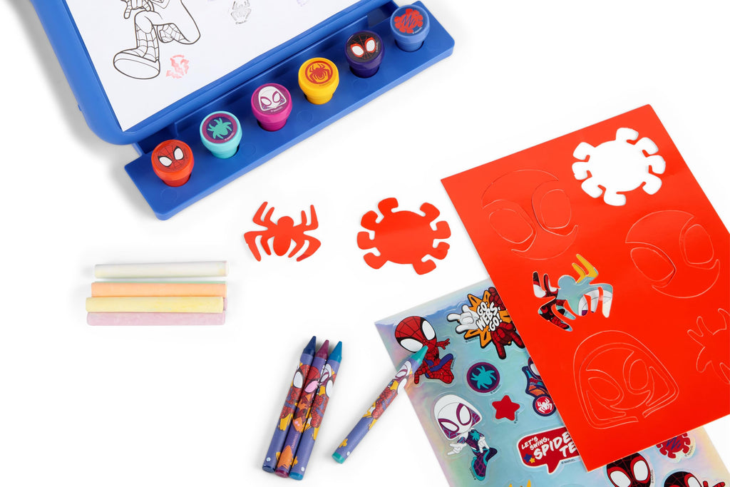 Marvel Spidey schildersezel, draagbare knutselkoffer met krijtjes, stempels en stickers