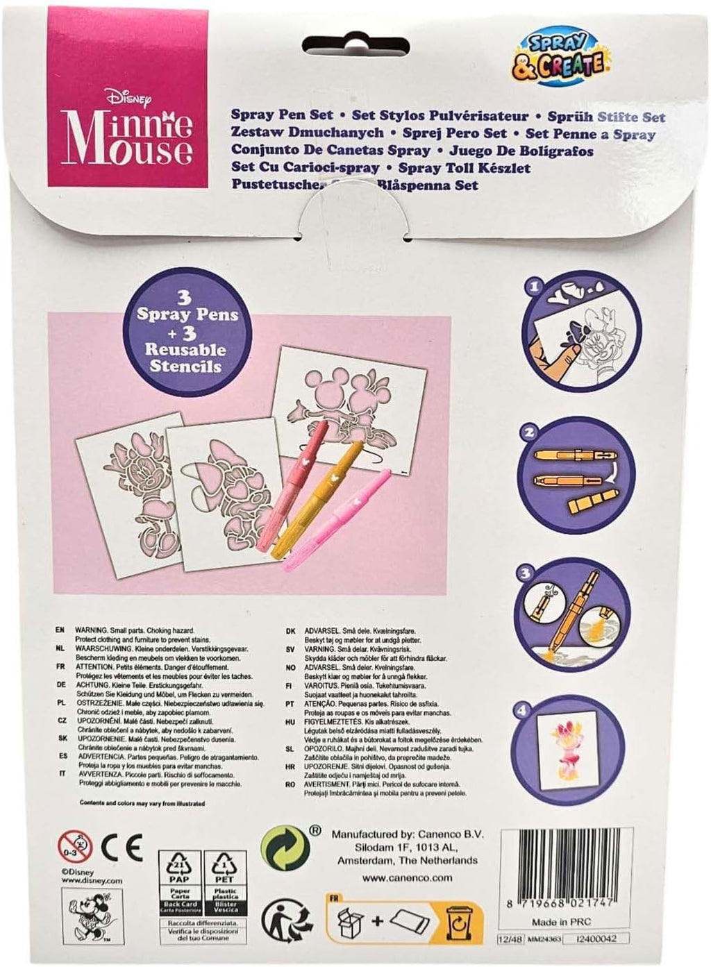 Disney Minnie Mouse spray pen set A4 envelop, 3 pennen en 3 sjablonen