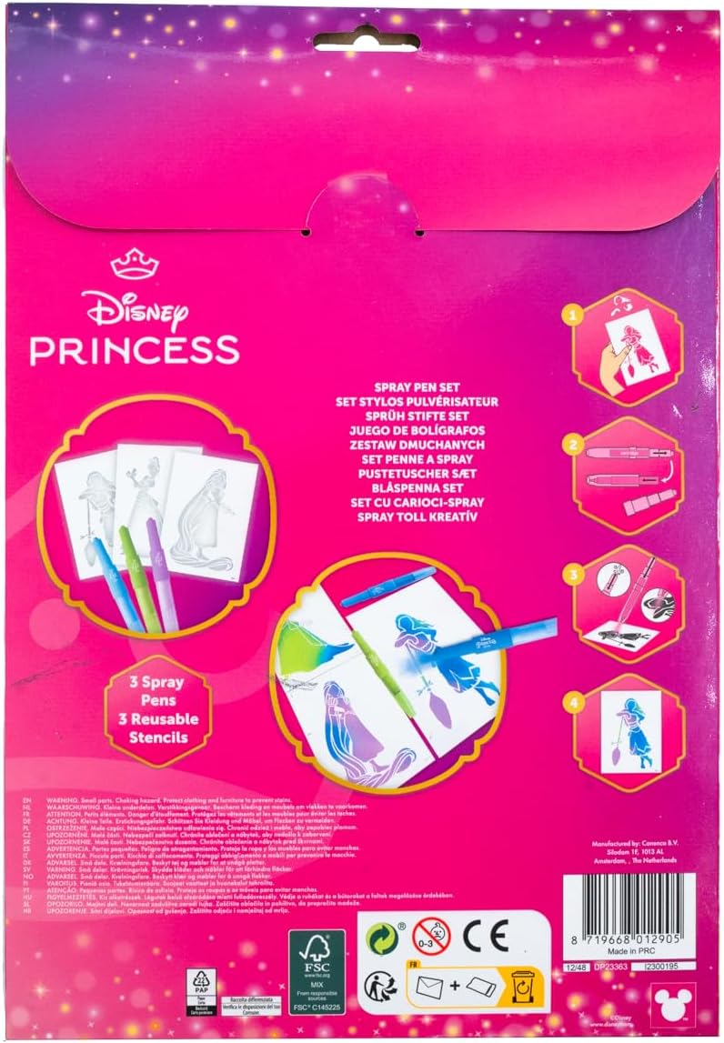 Disney Princess spray pen set A4 envelop, 3 pennen en 3 sjablonen