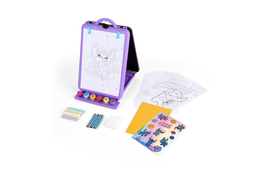 Disney Stitch schildersezel, draagbare knutselkoffer met krijtjes, stempels en stickers