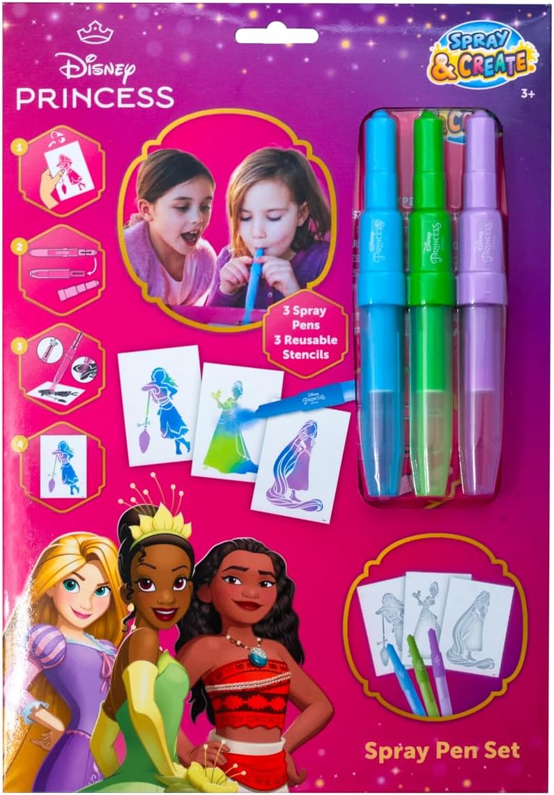 Disney Princess spray pen set A4 envelop, 3 pennen en 3 sjablonen