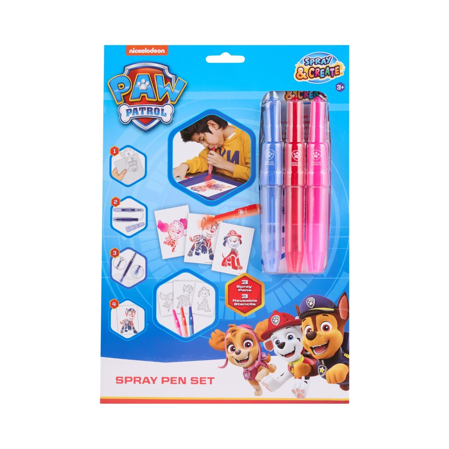 PAW Patrol spray pen set A4 envelop, 3 pennen en 3 sjablonen