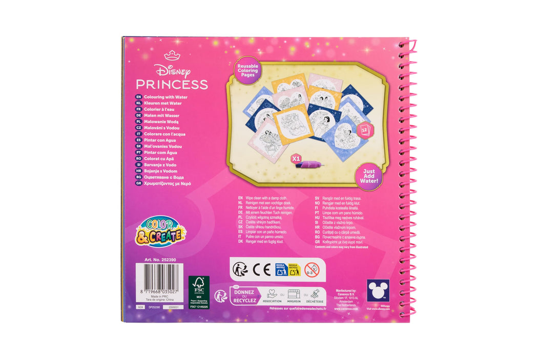 Disney Princess waterkleurboek, 12 herbruikbare kleurplaten