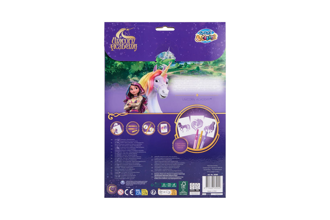 Unicorn Academy spray pen set A4 envelop, 3 pennen en 3 sjablonen