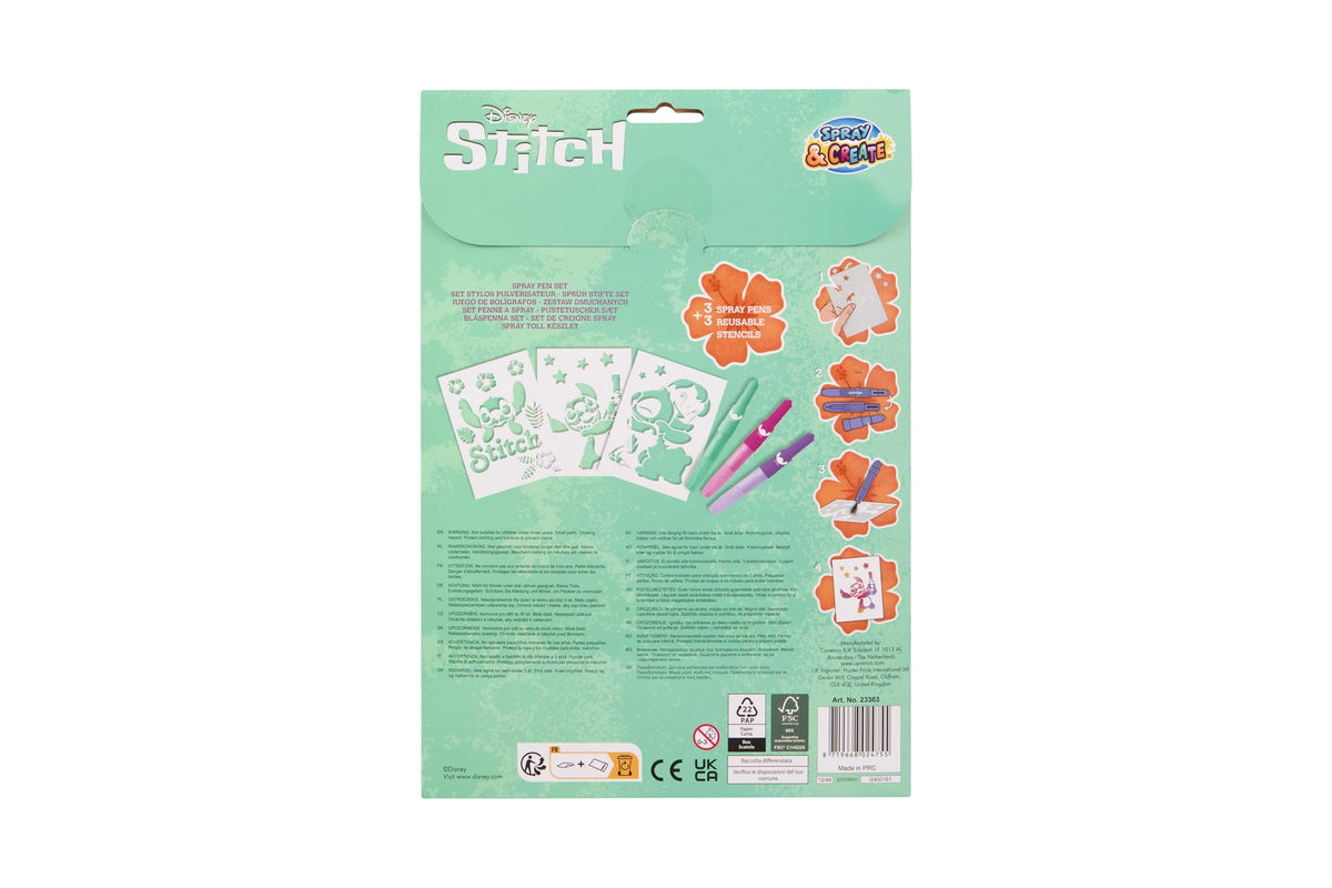 Disney Stitch spray pen set A4 envelop, 3 pennen en 3 sjablonen