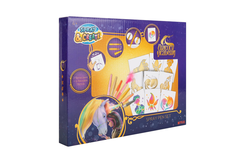 Unicorn Academy spray pen set, 7 pennen en 6 sjablonen