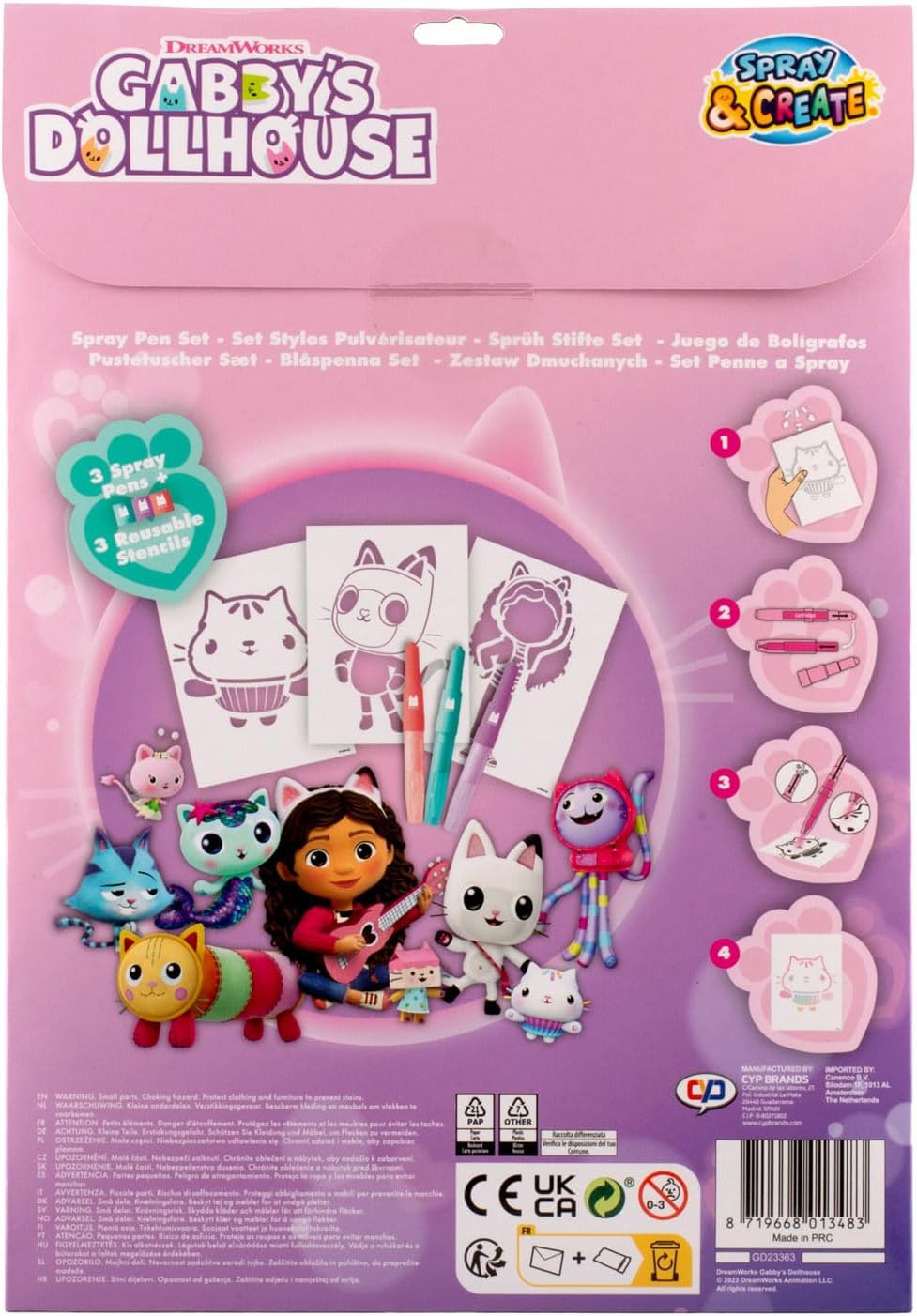 Gabby's Dollhouse spray pen set A4 envelop, 3 pennen en 3 sjablonen