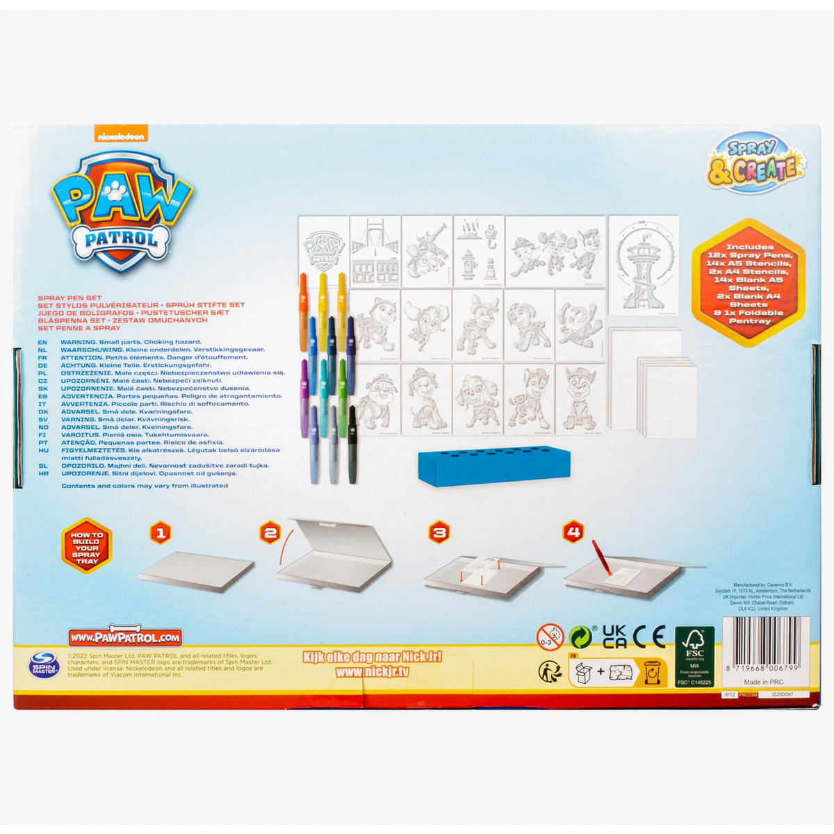 PAW Patrol spray pen set deluxe, 12 pennen en 16 sjablonen
