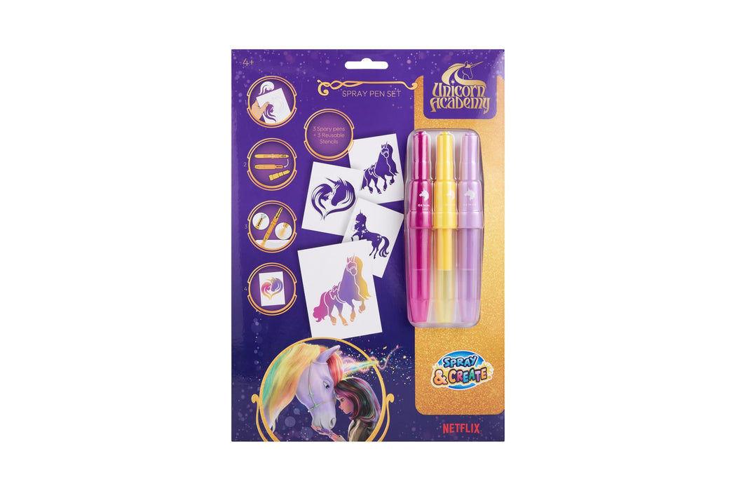Unicorn Academy spray pen set A4 envelop, 3 pennen en 3 sjablonen