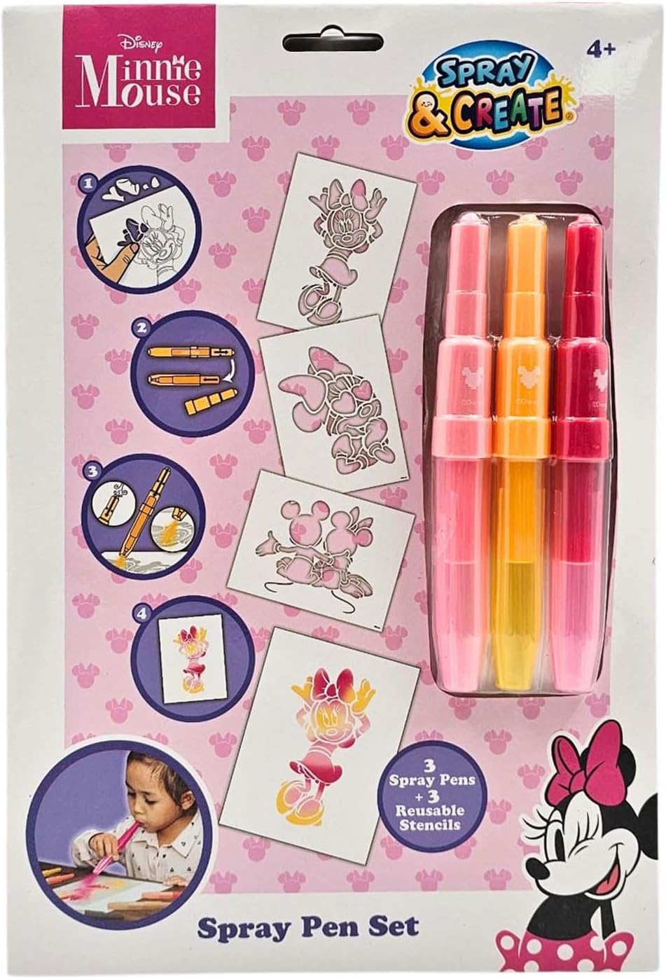 Disney Minnie Mouse spray pen set A4 envelop, 3 pennen en 3 sjablonen
