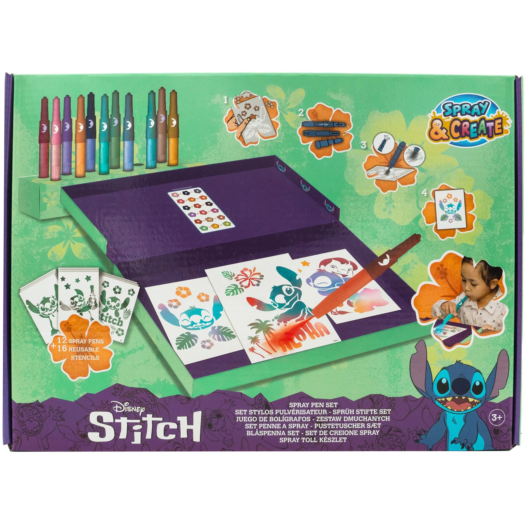 Disney Stitch spray pen set deluxe, 12 pennen en 16 sjablonen