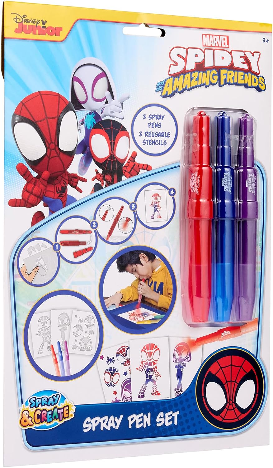 Marvel Spidey spray pen set A4 envelop, 3 pennen en 3 sjablonen