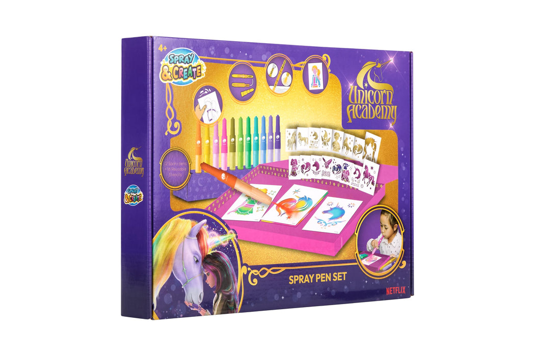 Unicorn Academy spray pen set deluxe, 12 pennen en 16 sjablonen