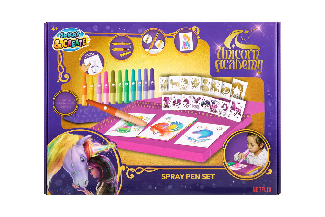 Unicorn Academy spray pen set deluxe, 12 pennen en 16 sjablonen
