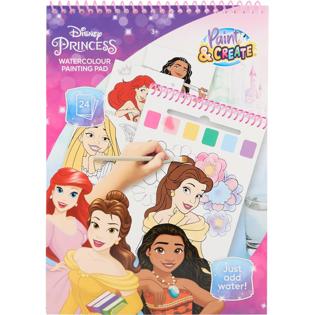 Disney Princess waterverf kleurboek, 24 kleurplaten met penseel