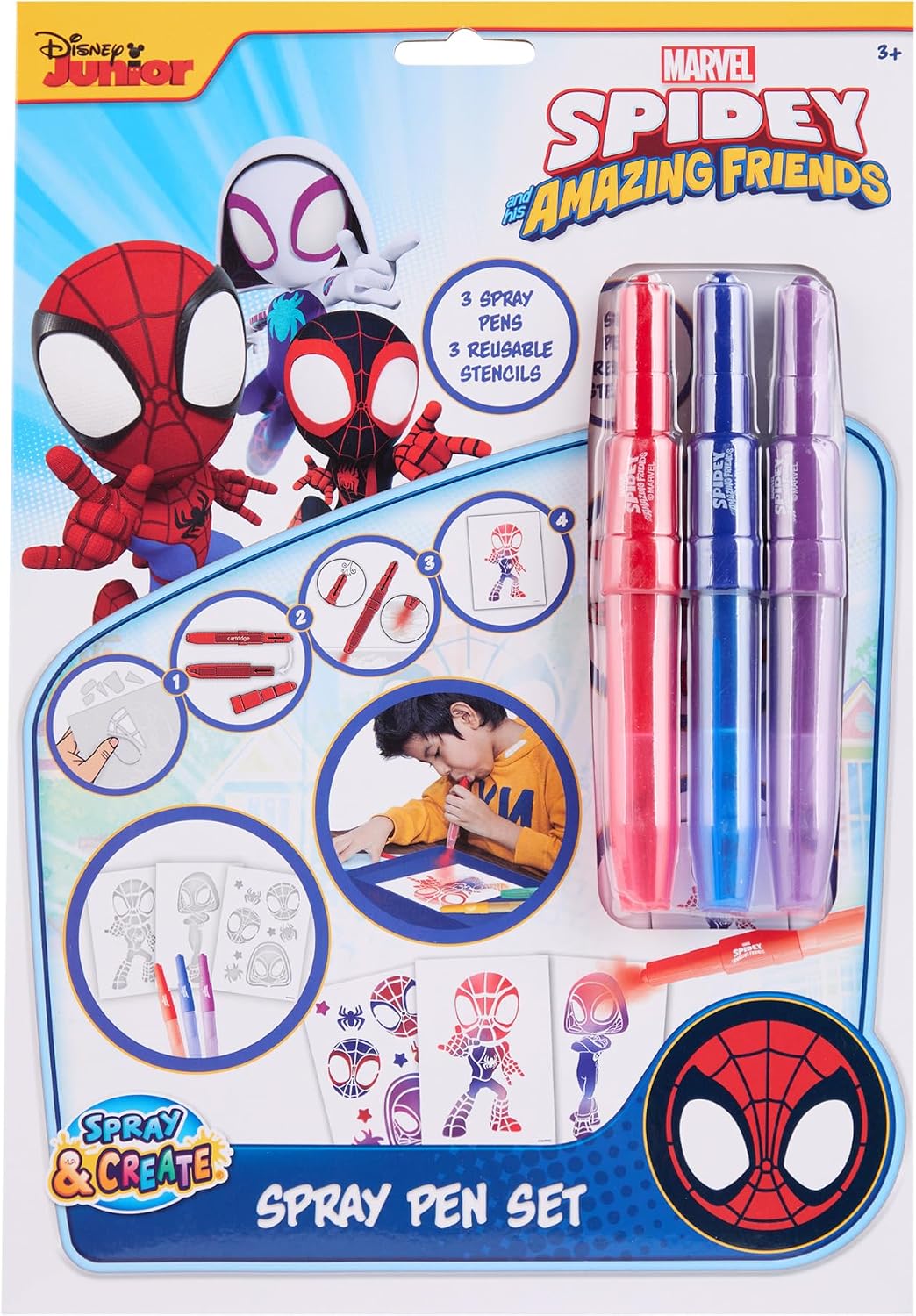 Marvel Spidey spray pen set A4 envelop, 3 pennen en 3 sjablonen