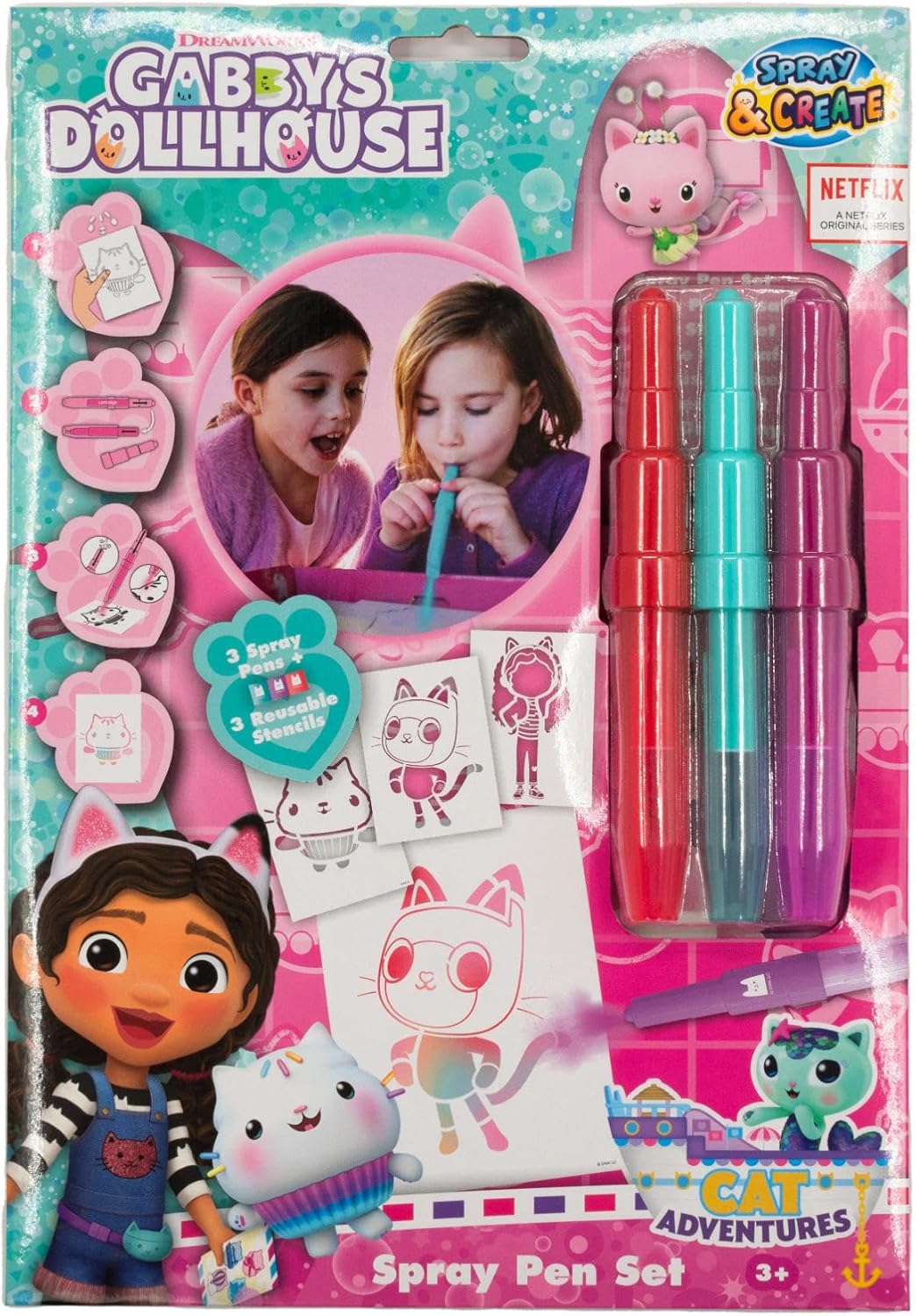 Gabby's Dollhouse spray pen set A4 envelop, 3 pennen en 3 sjablonen
