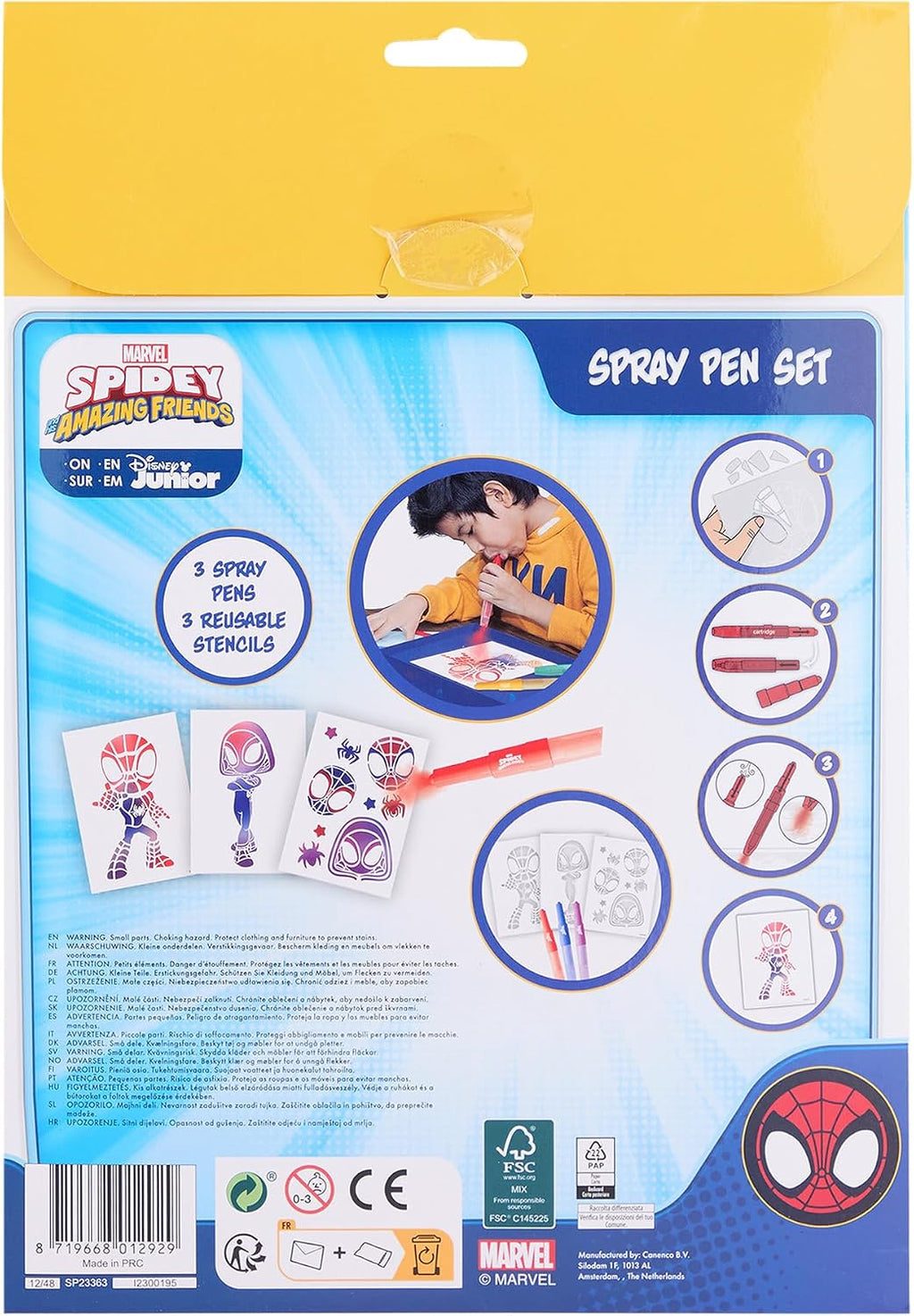 Marvel Spidey spray pen set A4 envelop, 3 pennen en 3 sjablonen