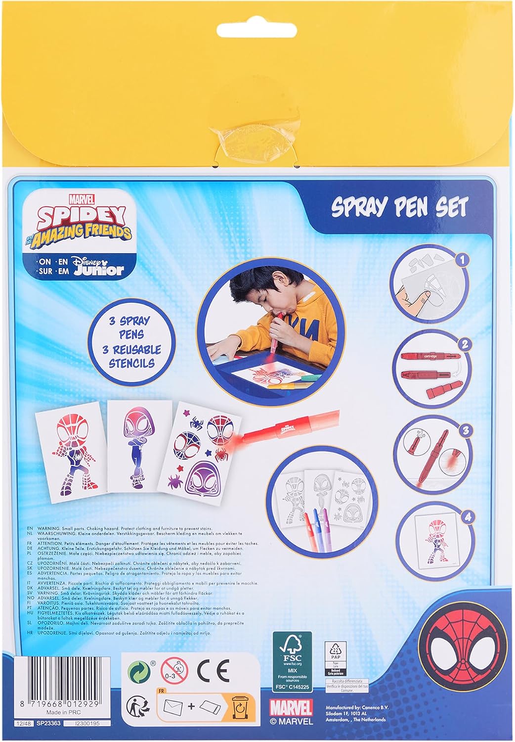 Marvel Spidey spray pen set A4 envelop, 3 pennen en 3 sjablonen