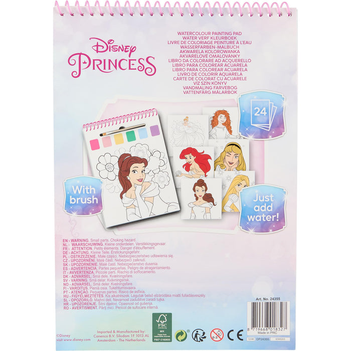Disney Princess waterverf kleurboek, 24 kleurplaten met penseel
