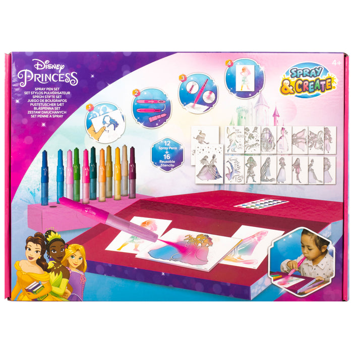 Disney Princess - Spray Pen Set - Kleurstiften voor Kinderen - Tekenset met Gekleurde Pennen en Tekensjablonen