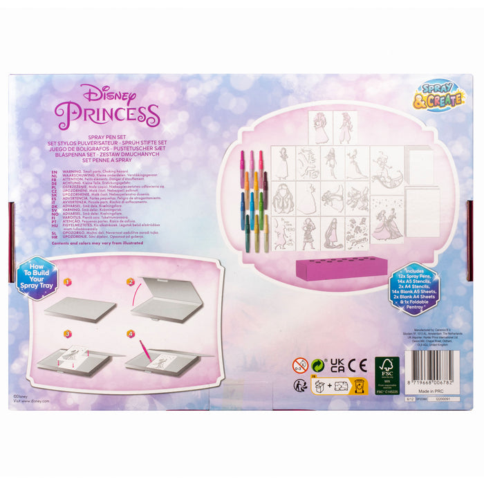 Disney Princess - Spray Pen Set - Kleurstiften voor Kinderen - Tekenset met Gekleurde Pennen en Tekensjablonen