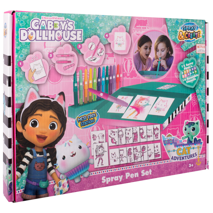 Gabby's Dollhouse - Spray Pen Set - Kleurstiften voor Kinderen - Tekenset met Gekleurde Blaas Pennen en Tekensjablonen