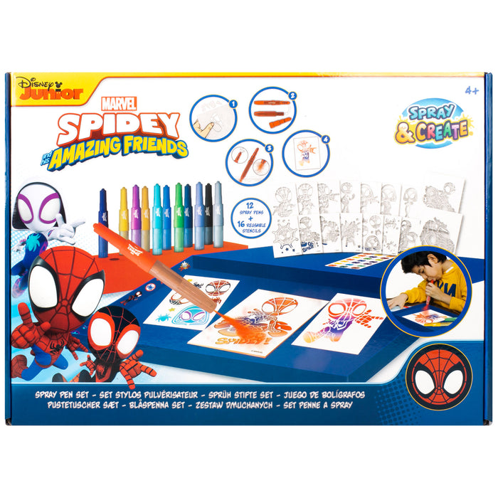 Marvel - Spidey and his Amazing Friends - Spray Pen Set - Kleurstiften voor Kinderen - Tekenset met Gekleurde Pennen en Tekensjablonen
