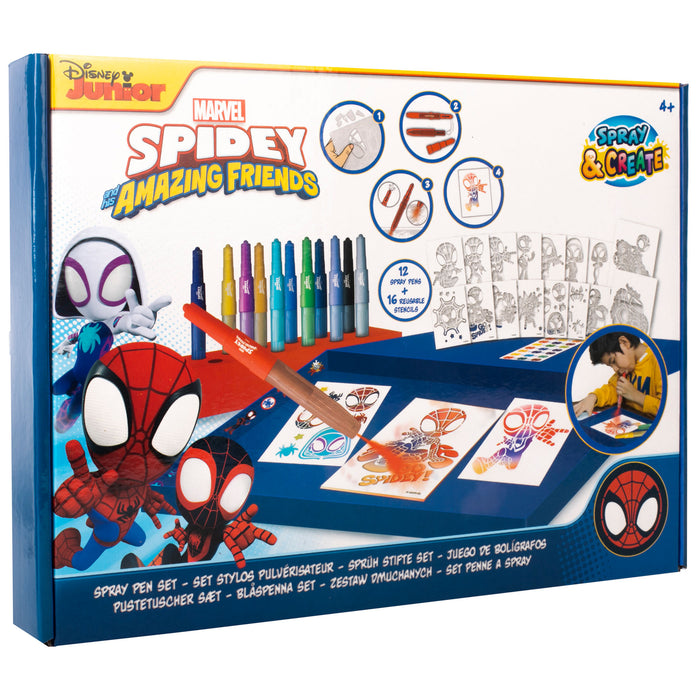 Marvel - Spidey and his Amazing Friends - Spray Pen Set - Kleurstiften voor Kinderen - Tekenset met Gekleurde Pennen en Tekensjablonen