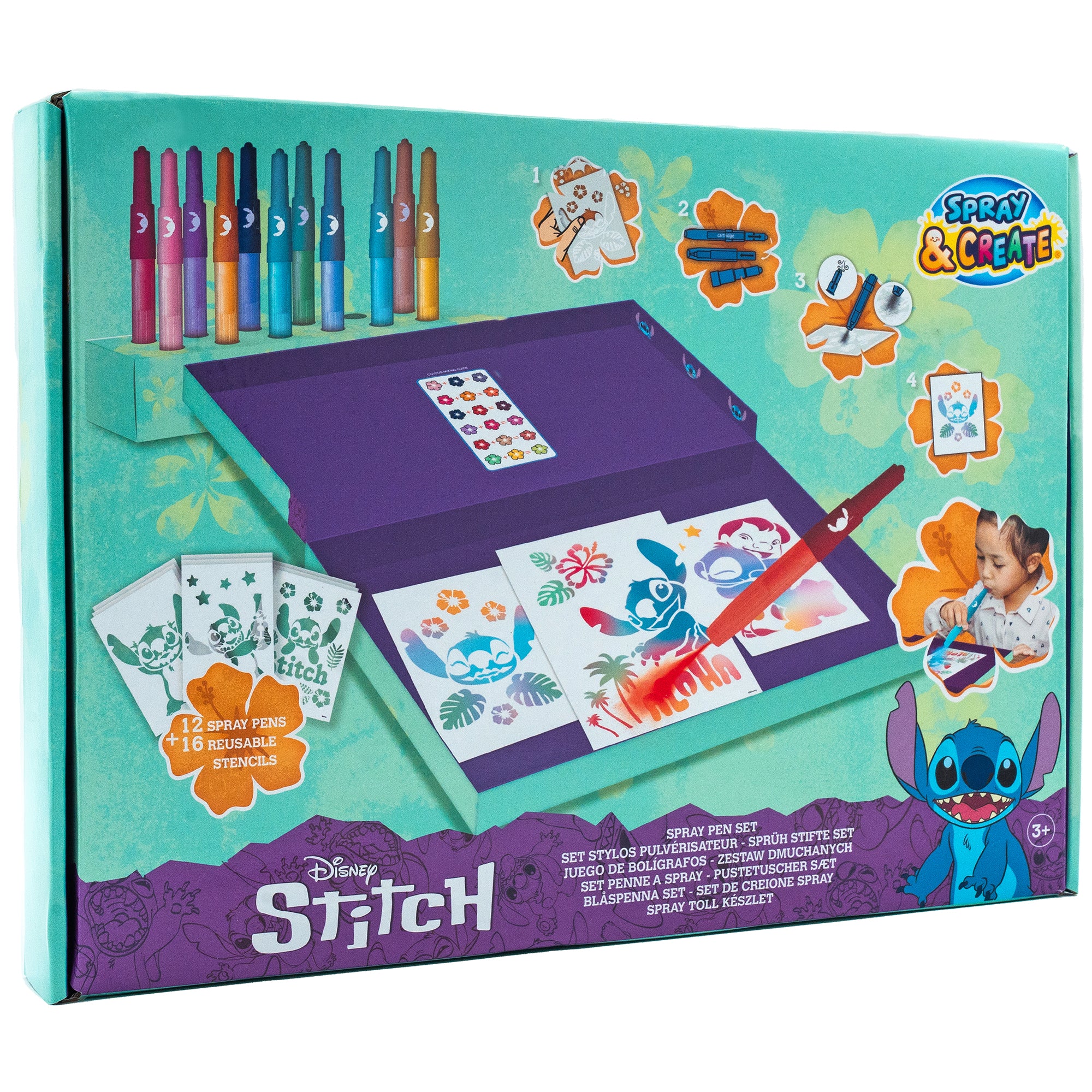 Disney Stitch spray pen set deluxe, 12 pennen en 16 sjablonen