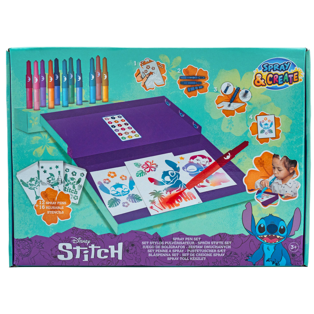 Disney Stitch spray pen set deluxe, 12 pennen en 16 sjablonen