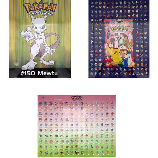 Pokemon - Poster Voordeelset - 3 Posters (50x40 cm) - Mewtu - Mewtwo - Verzamel - Geplastificeerd - Kinderkamer - (Versie 7)